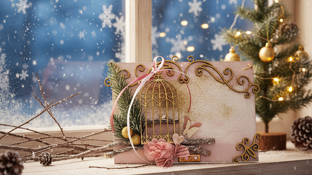 Γούρι κλουβί So Cute by Dimi – χριστουγεννιάτικη χειροποίητη δημιουργία με χρυσό κλουβί, ροζ λουλούδι και φτερό, σε ρομαντικό girly-boho στυλ.