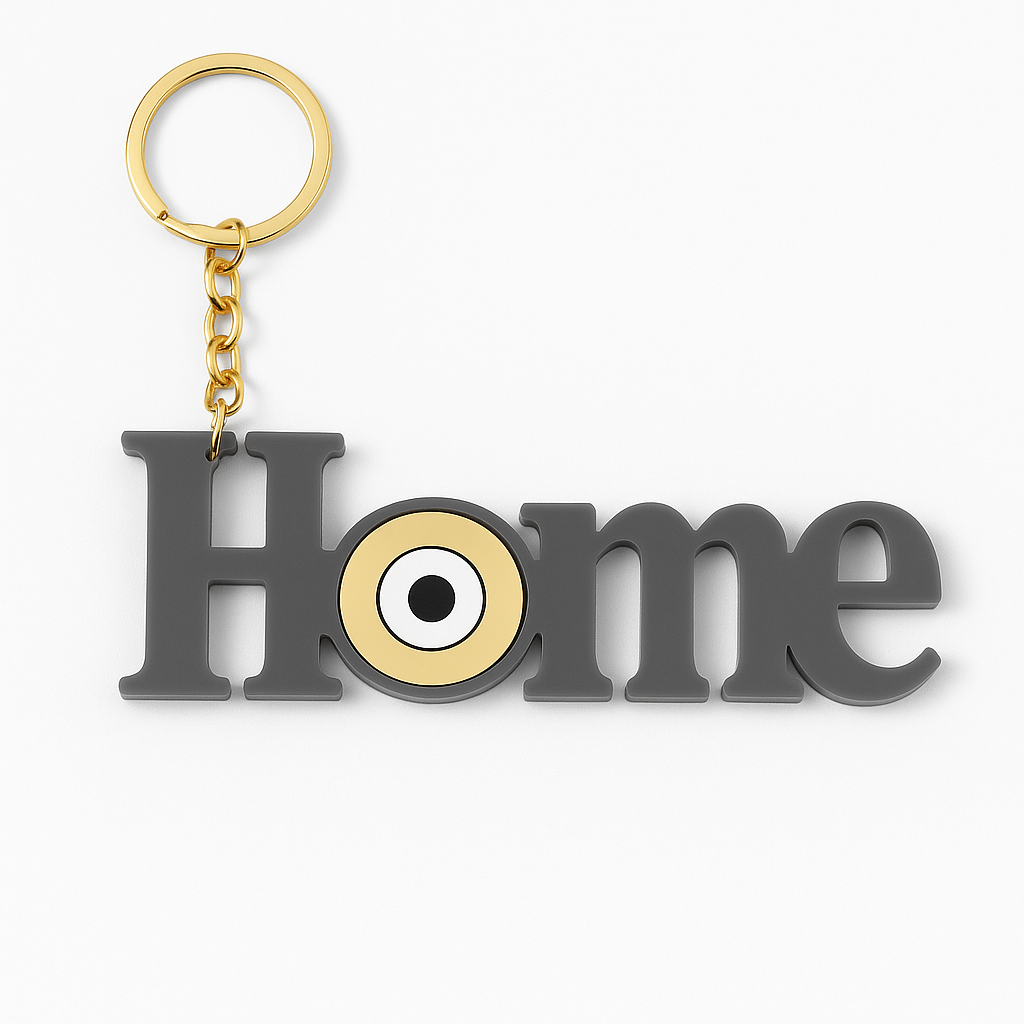 Χειροποίητο μπρελόκ HOME από γκρι plexiglass με μάτι σε χρυσό καθρέφτη – So Cute by Dimi