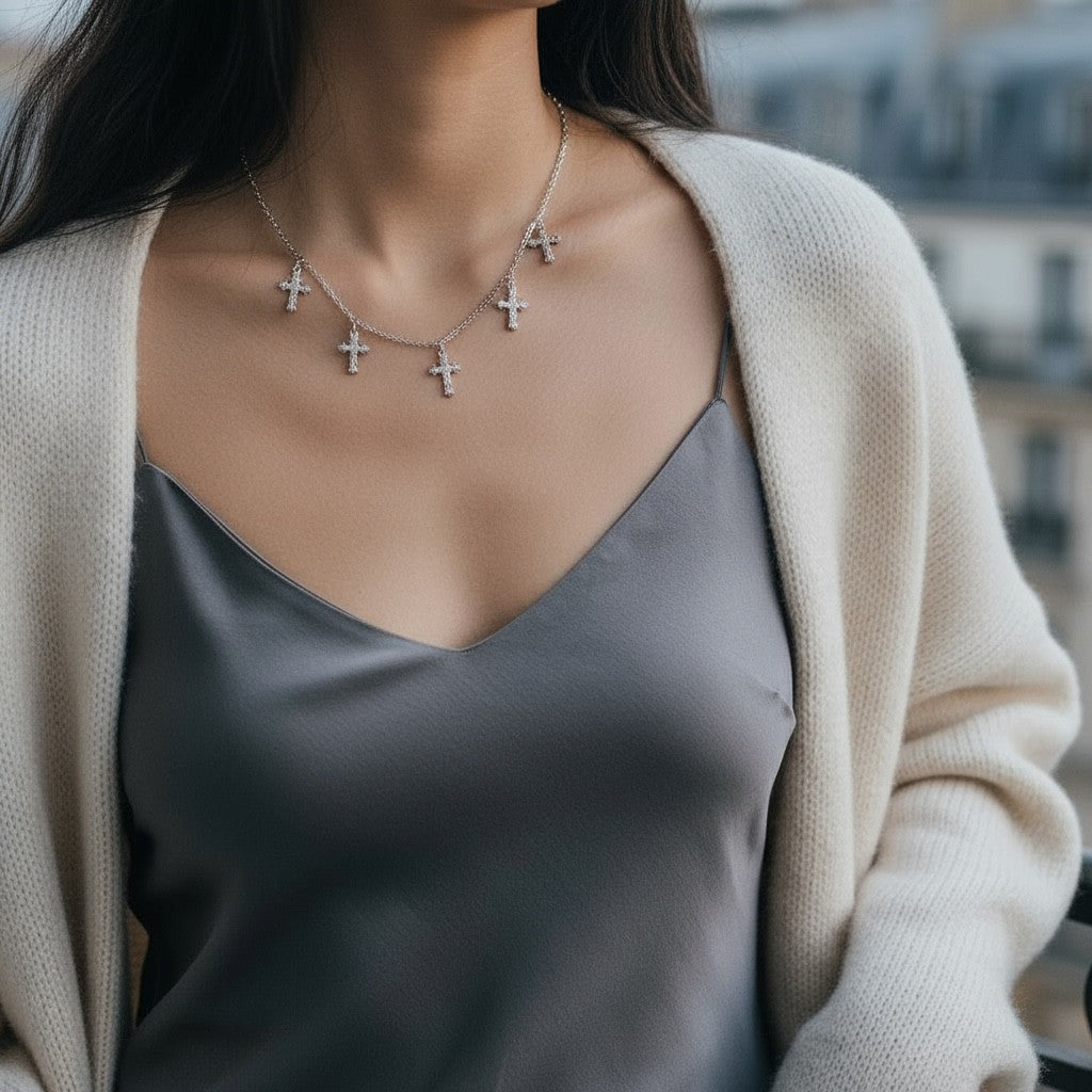 Ατσάλινο κολιέ με πέντε σταυρούς και ζιργκόν – Crystal Cross Charm Necklace So Cute by Dimi