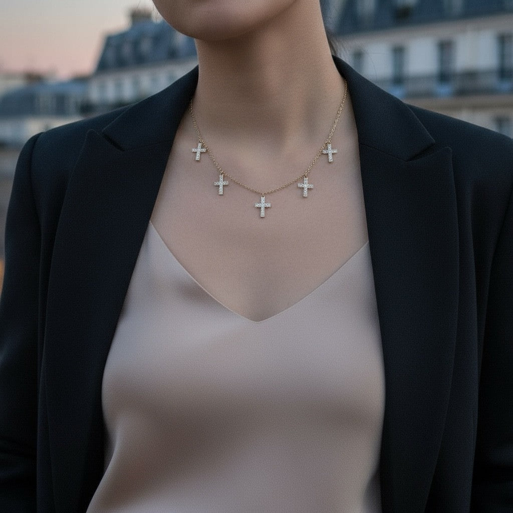 Ατσάλινο κολιέ με πέντε σταυρούς και ζιργκόν – Crystal Cross Charm Necklace So Cute by Dimi