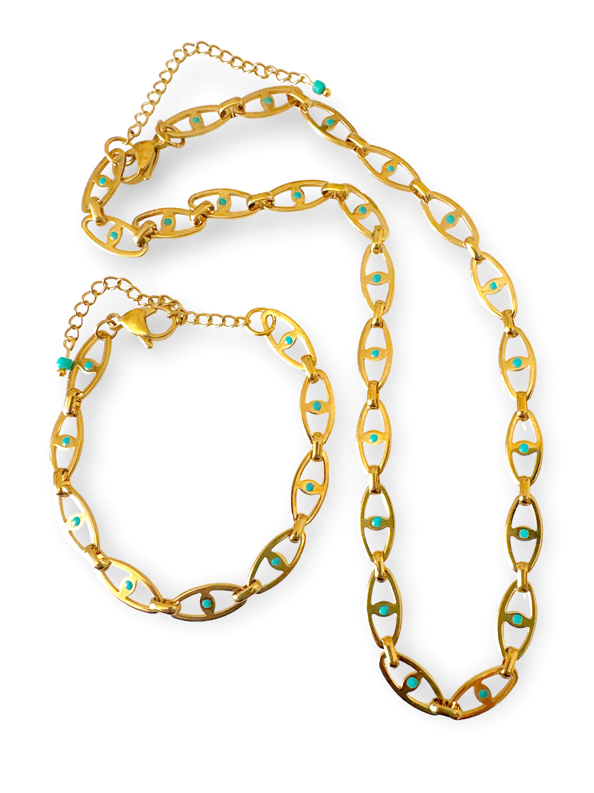 Ατσάλινη αλυσίδα λαιμού και καρπού με τυρκουάζ σμάλτο - So Cute by Dimi