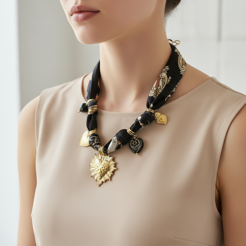 Necklace with decorative elements worn by a person against a neutral background