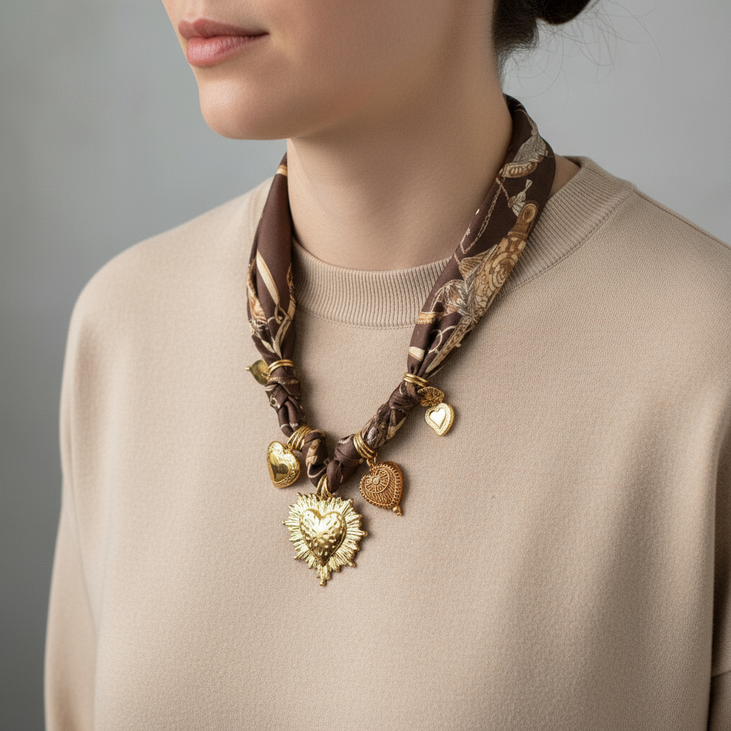 Ατσάλινο κολιέ με σατέν φουλάρι και χρυσά charms καρδιές So Cute by Dimi