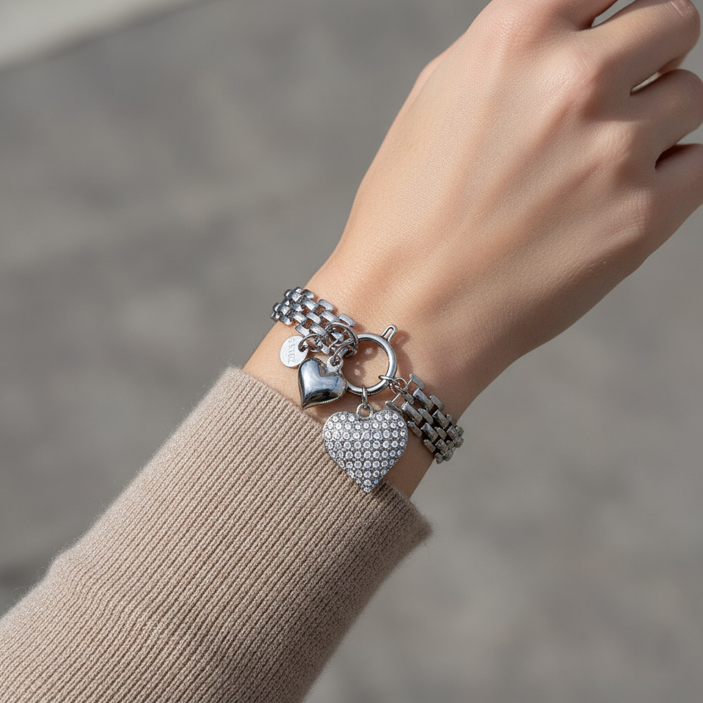 Ατσάλινο Βραχιόλι “Double Heart Sparkle” με Ζιργκόν - So Cute by Dimi