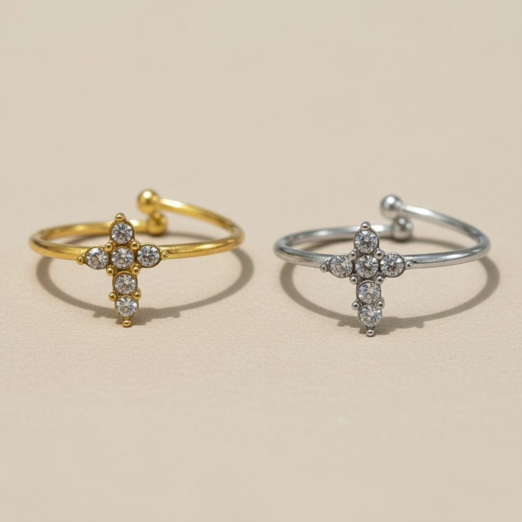 Ατσάλινο λεπτό δαχτυλίδι με σταυρό και ζιργκόν σε χρυσό και ασημί – So Cute by Dimi
