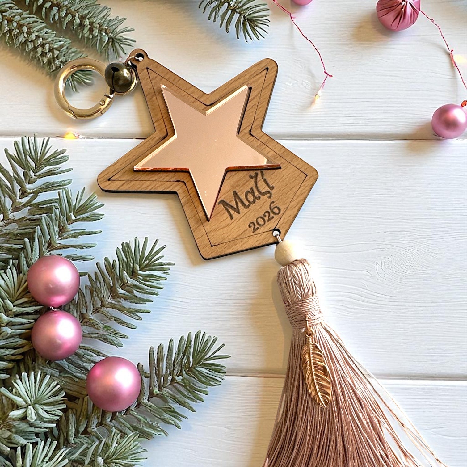 Γούρι αστέρι Μαζί με ξύλο και ροζ χρυσό καθρέφτη – So Cute by Dimi