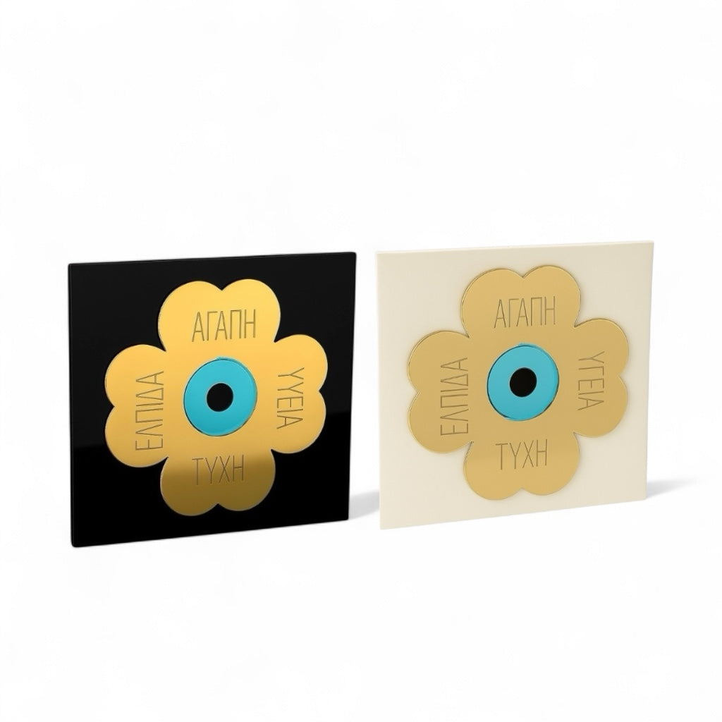 Επιτραπέζιο γούρι τετράγωνο με τριφύλλι και τυρκουάζ μάτι από plexiglass χρυσού καθρέφτη – So Cute by Dimi