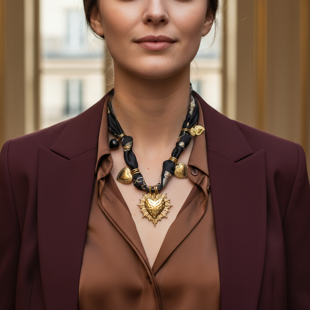 Ατσάλινο κολιέ με σατέν φουλάρι και χρυσά charms καρδιές So Cute by Dimi