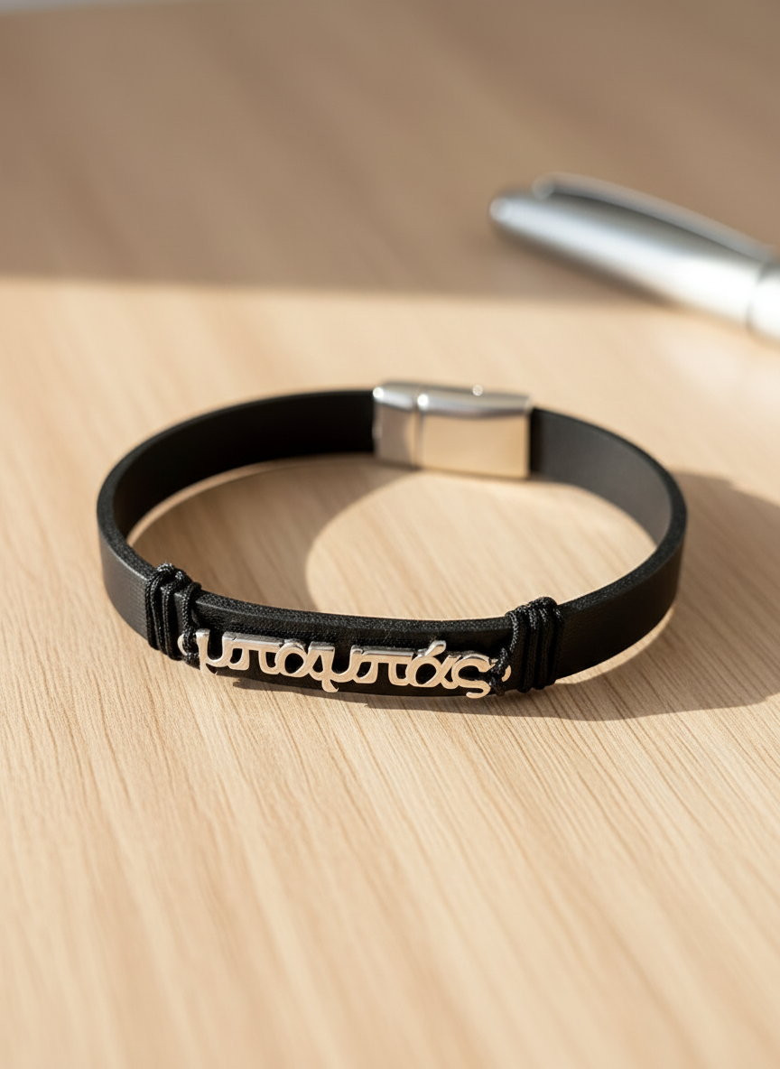 Χειροποίητο ανδρικό δερμάτινο βραχιόλι ‘μπαμπάς’ με ταυτότητα – So Cute by Dimi