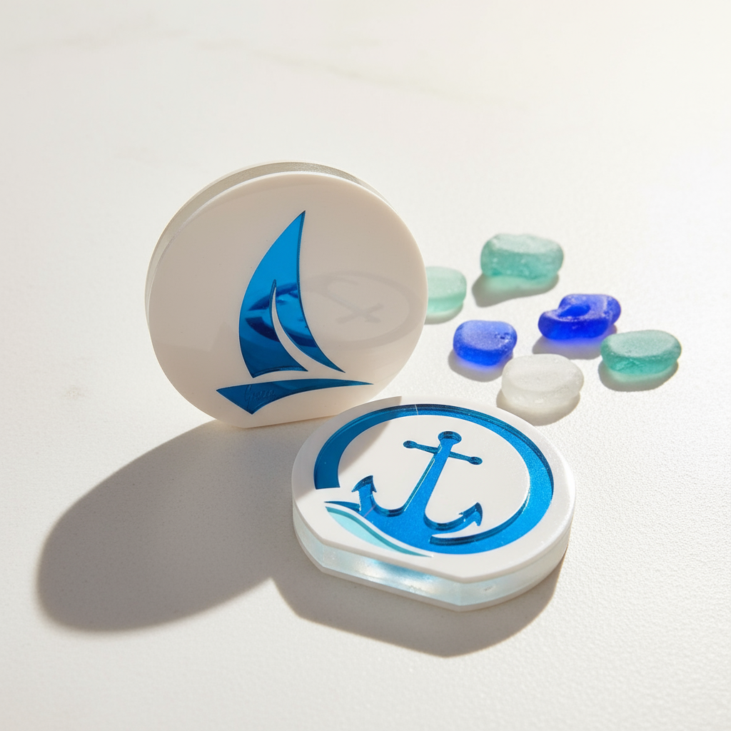 Χειροποίητο επιτραπέζιο γούρι Άγκυρα & Ιστιοφόρο από πλεξιγκλάς καθρέφτη σε μπλε και λευκό, So Cute by Dimi.