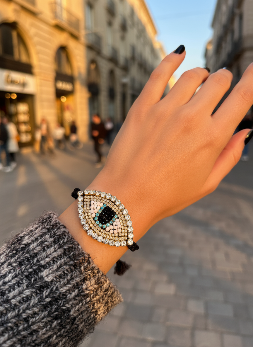 Χειροποίητο βραχιόλι με πλεκτό κορδόνι και μεγάλο μοτίφ ματιού με στρας – Shiny Eye Large – So Cute by Dimi