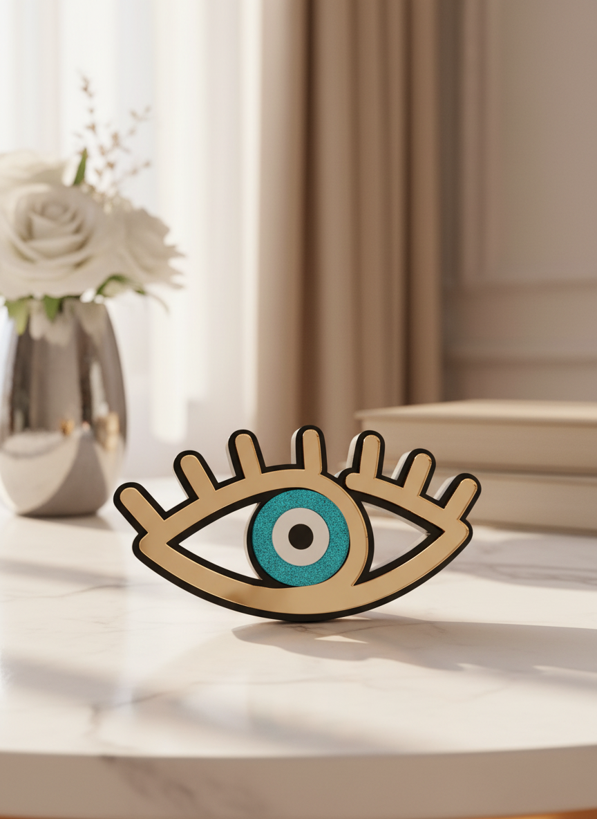 Χειροποίητο επιτραπέζιο γούρι μάτι με βλέφαρα από μαύρο plexi, χρυσό καθρέφτη και τυρκουάζ mirror, διαστάσεων 7×14 cm