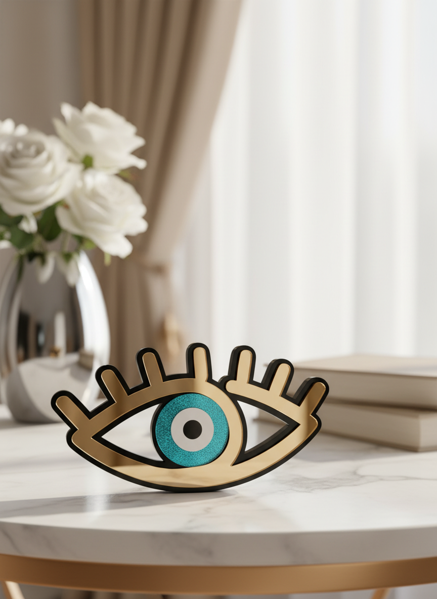 Χειροποίητο επιτραπέζιο γούρι μάτι με βλέφαρα από μαύρο plexi, χρυσό καθρέφτη και τυρκουάζ mirror, διαστάσεων 7×14 cm