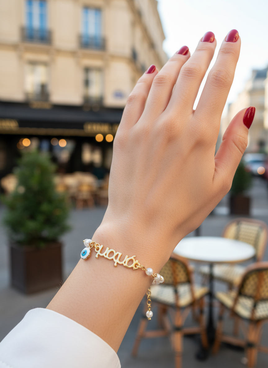 Χειροποίητο βραχιόλι ροζάριο με πέρλες, ταυτότητα “Μαμά”, “Νονά” ή “Γιαγιά” και charm μάτι – So Cute by Dimi