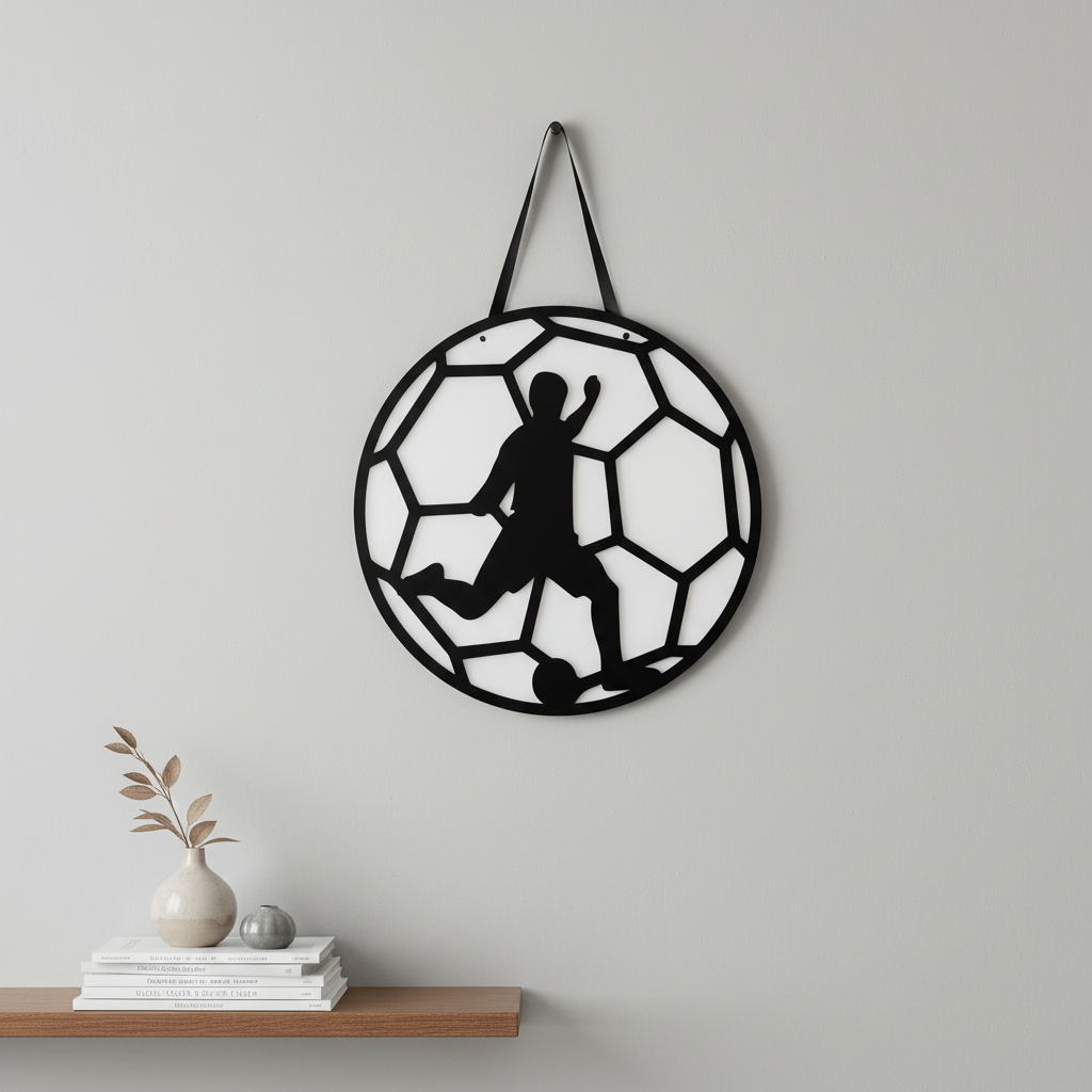 Κρεμαστό καδράκι ποδοσφαίρου από πλεξιγκλάς, διάμετρος 25 εκ., με φιγούρα ποδοσφαιριστή σε λευκή βάση.
