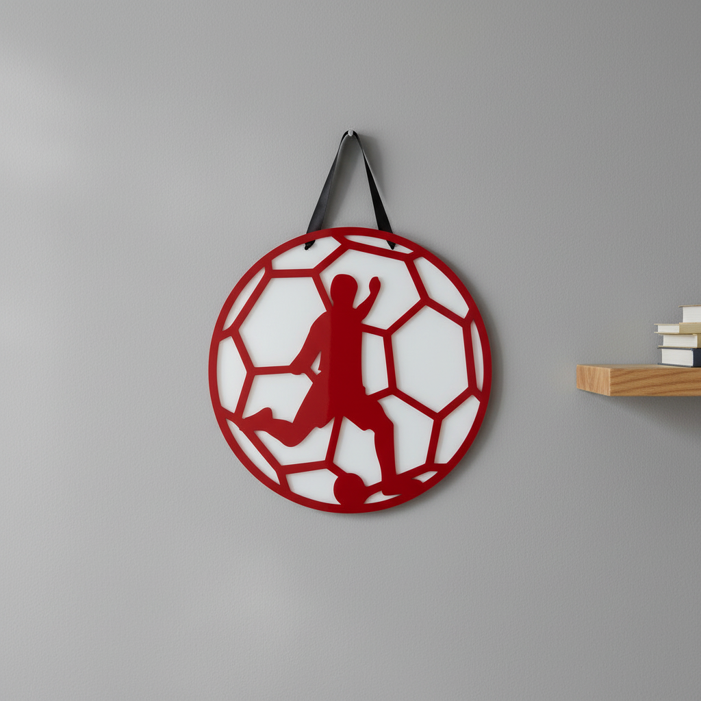 Κρεμαστό καδράκι ποδοσφαίρου από πλεξιγκλάς, διάμετρος 25 εκ., με φιγούρα ποδοσφαιριστή σε λευκή βάση.