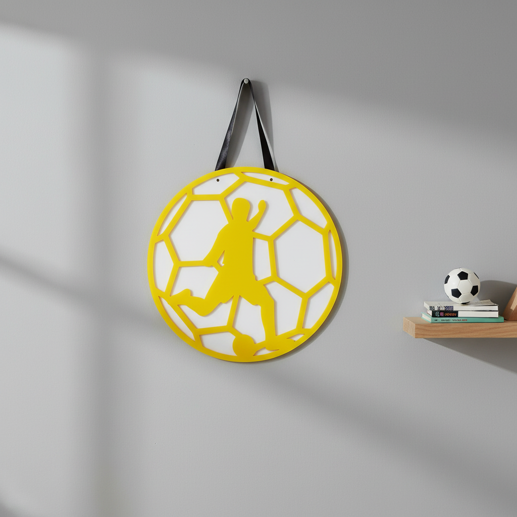 Κρεμαστό καδράκι ποδοσφαίρου από πλεξιγκλάς, διάμετρος 25 εκ., με φιγούρα ποδοσφαιριστή σε λευκή βάση.