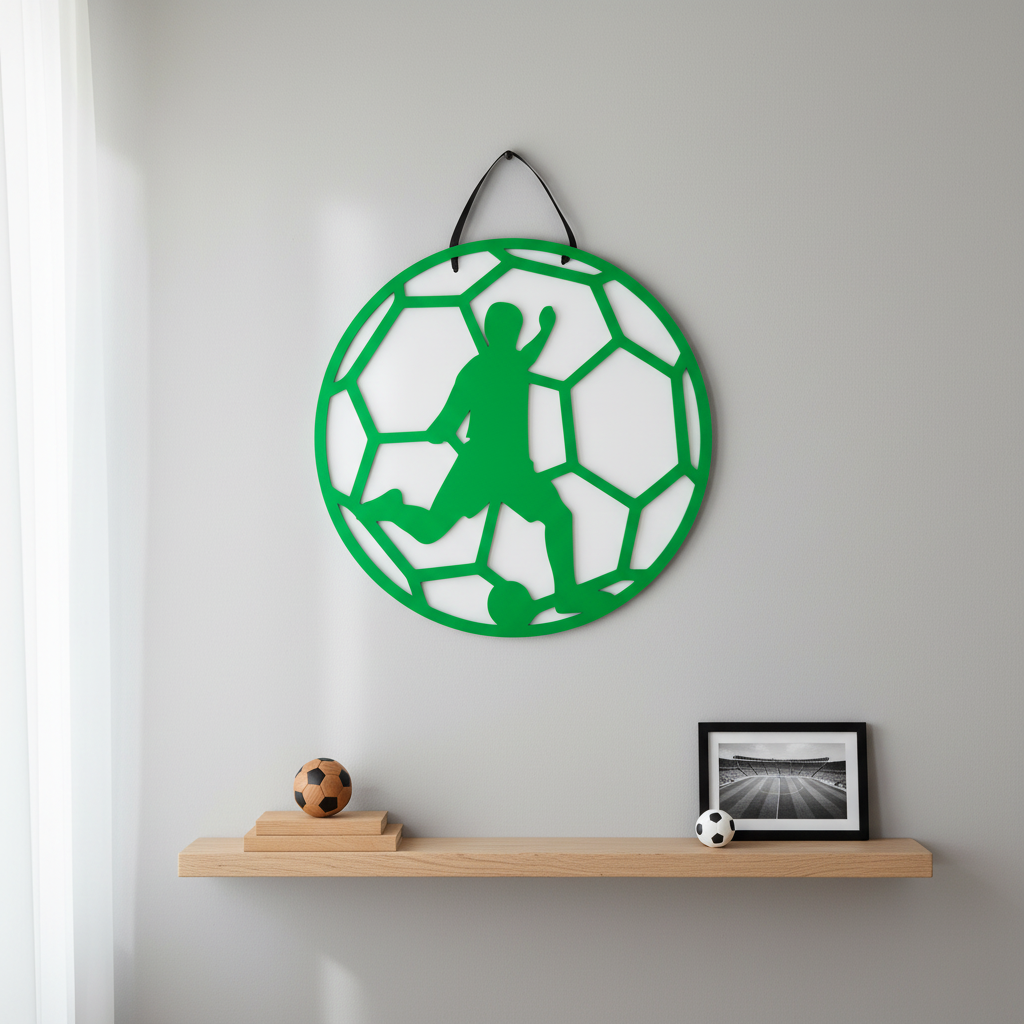 Κρεμαστό καδράκι ποδοσφαίρου από πλεξιγκλάς, διάμετρος 25 εκ., με φιγούρα ποδοσφαιριστή σε λευκή βάση.