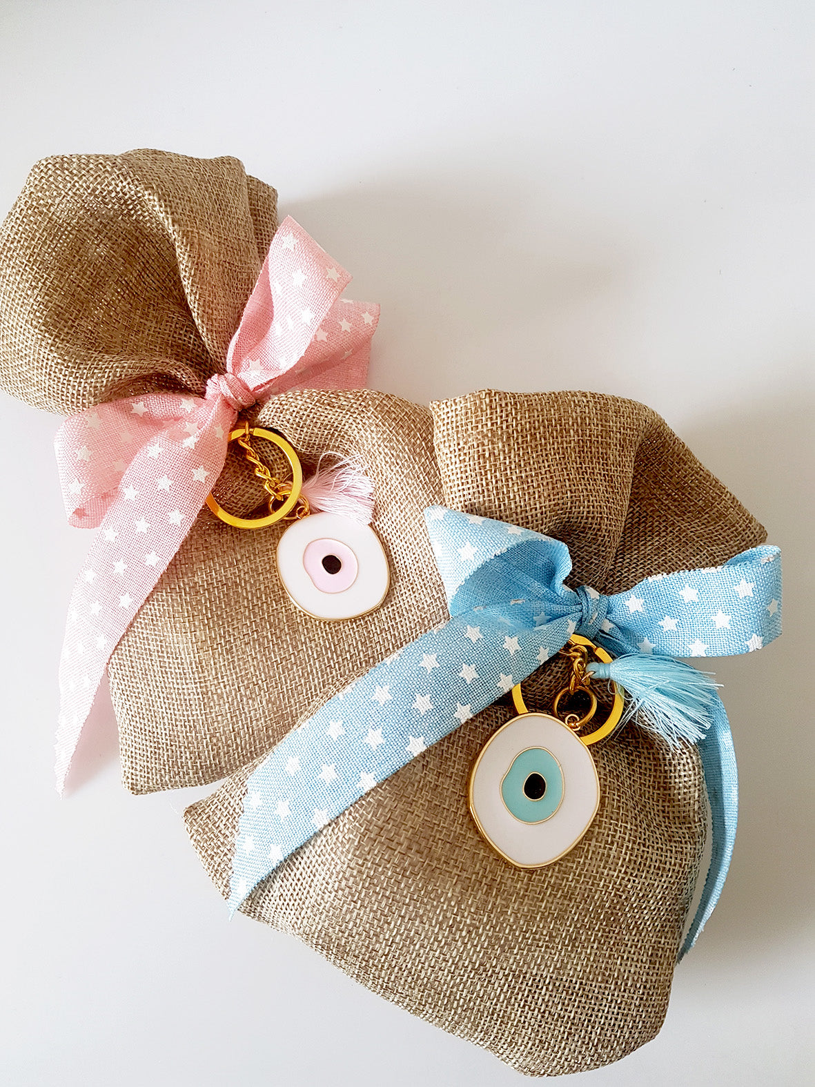 Mπομπονιέρα βάπτισης πουγκί λινάτσας με μπρελόκ μάτι - So Cute by Dimi