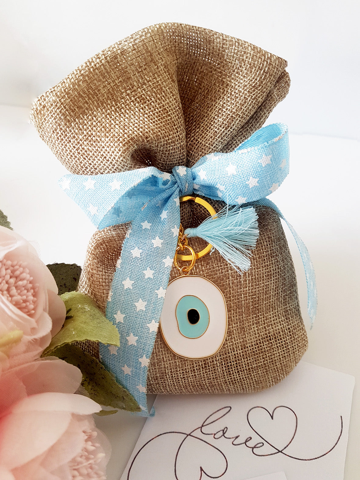 Mπομπονιέρα βάπτισης πουγκί λινάτσας με μπρελόκ μάτι - So Cute by Dimi