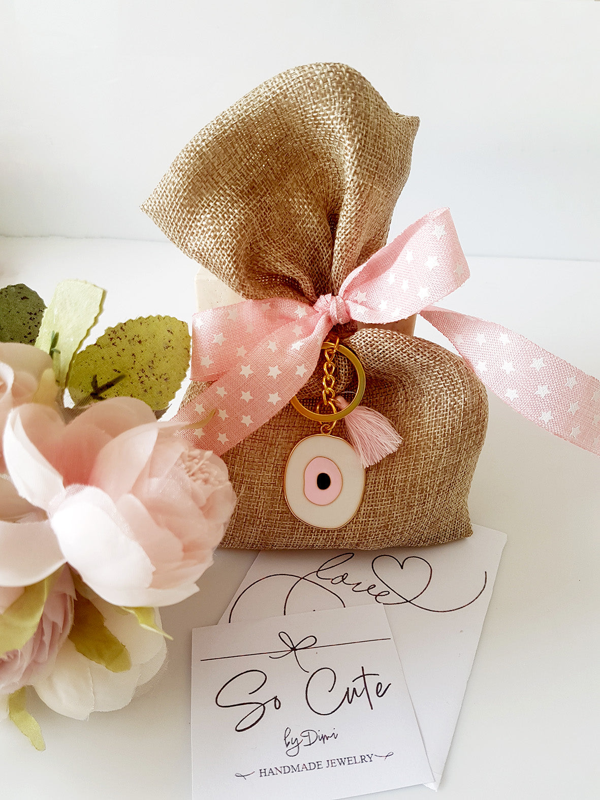 Mπομπονιέρα βάπτισης πουγκί λινάτσας με μπρελόκ μάτι - So Cute by Dimi