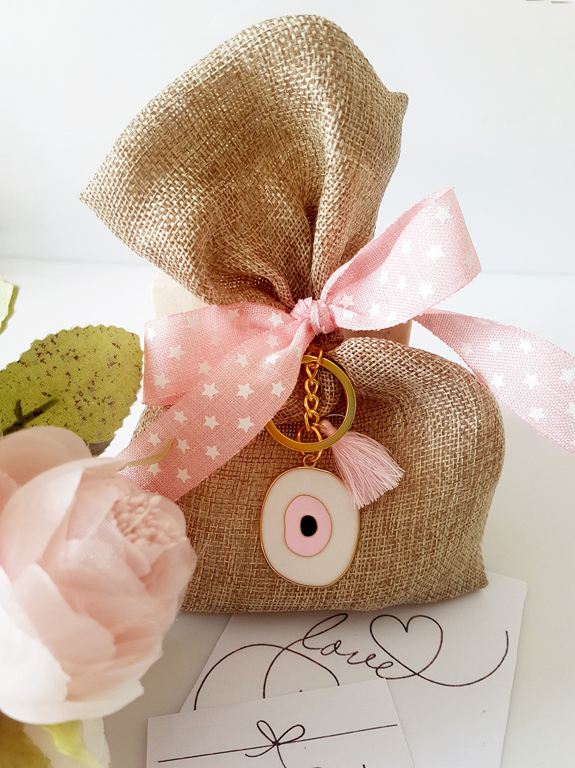 Mπομπονιέρα βάπτισης πουγκί λινάτσας με μπρελόκ μάτι - So Cute by Dimi