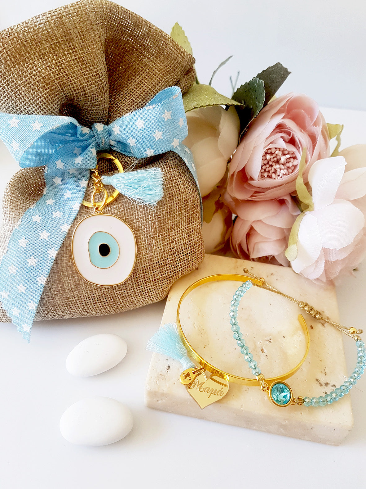 Mπομπονιέρα βάπτισης πουγκί λινάτσας με μπρελόκ μάτι - So Cute by Dimi