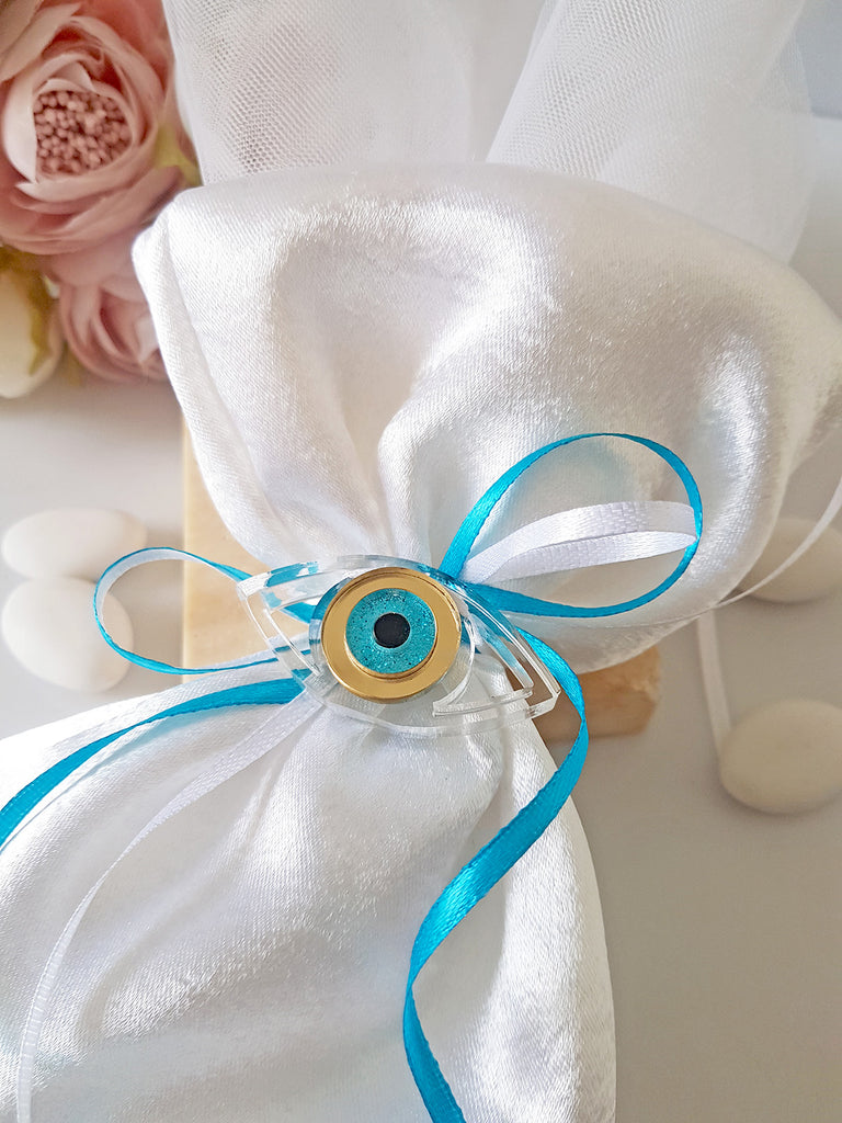 Μπομπονιέρα γάμου σατέν πουγκί με επιτραπέζιο μίνι μάτι - So Cute by Dimi