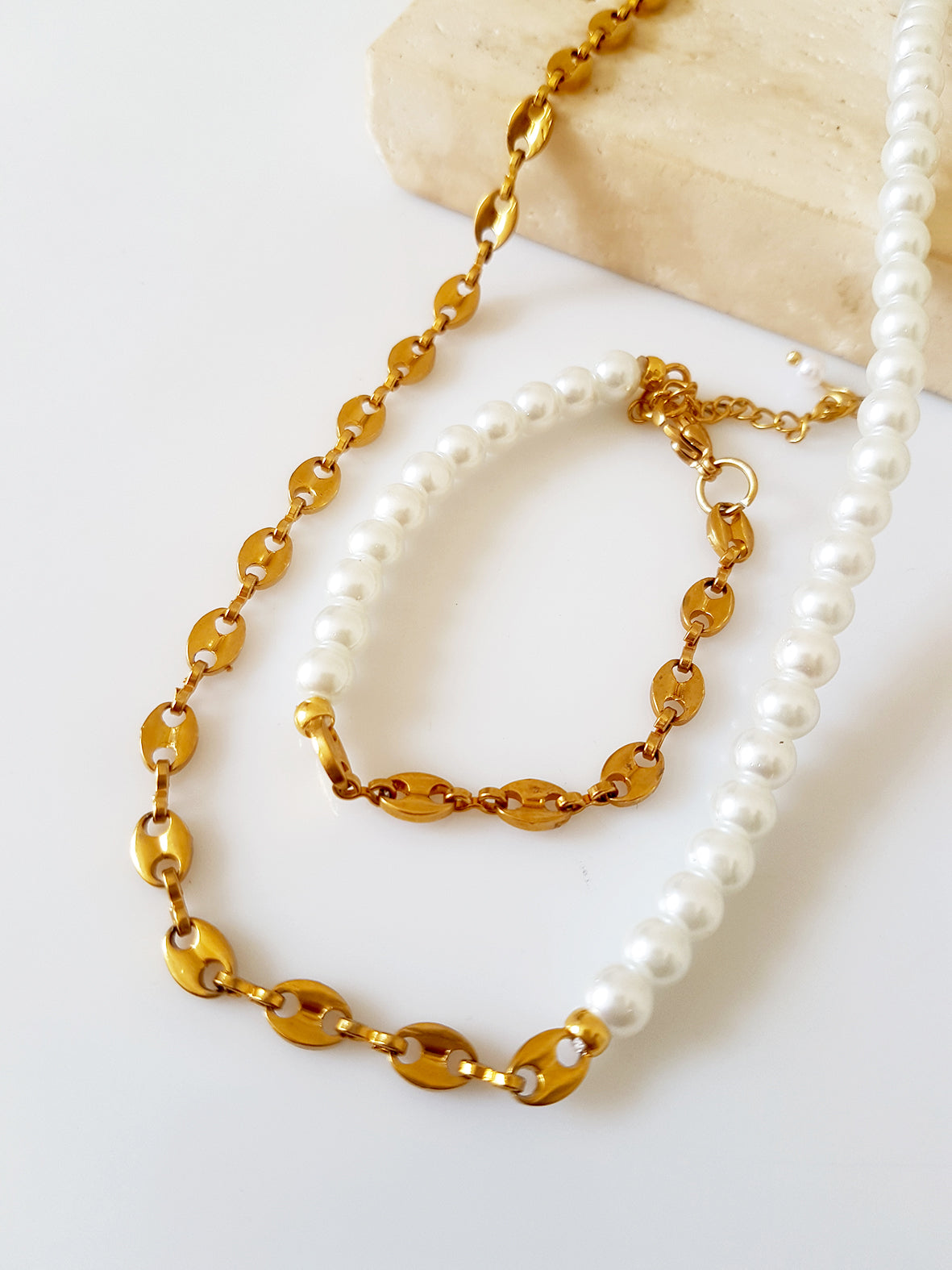 Κολιέ και βραχιόλι με γυάλινες πέρλες και ατσάλινη αλυσίδα Θ – So Cute by Dimi