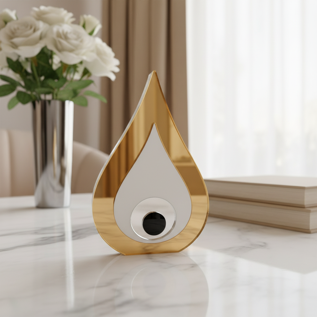 Επιτραπέζιο γούρι μάτι από plexiglass καθρέφτη και λευκό plexi, σε δύο χρώματα, φωτογραφημένο σε πολυτελές interior styling