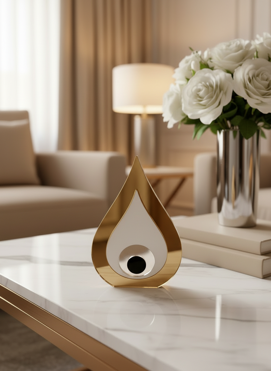 Επιτραπέζιο γούρι μάτι από plexiglass καθρέφτη και λευκό plexi, σε δύο χρώματα, φωτογραφημένο σε πολυτελές interior styling