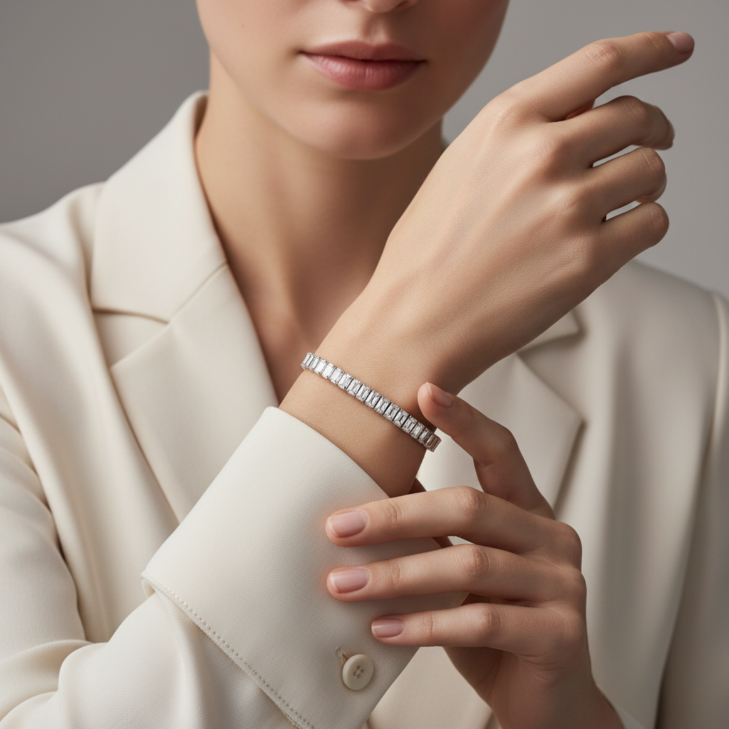 Person wearing a silver bracelet on a neutral background