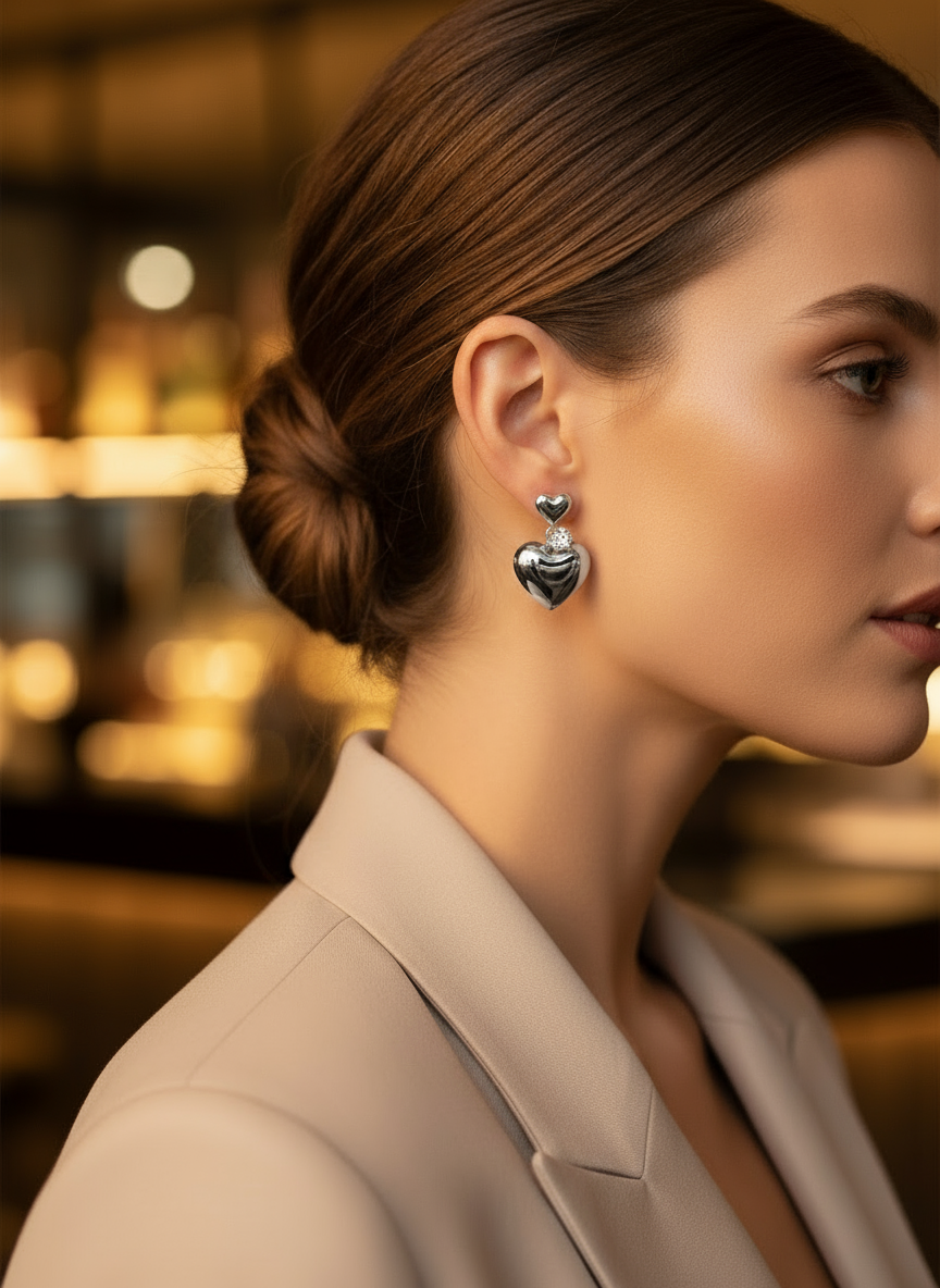 Ατσάλινα Σκουλαρίκια Double Heart με Στρας | So Cute by Dimi