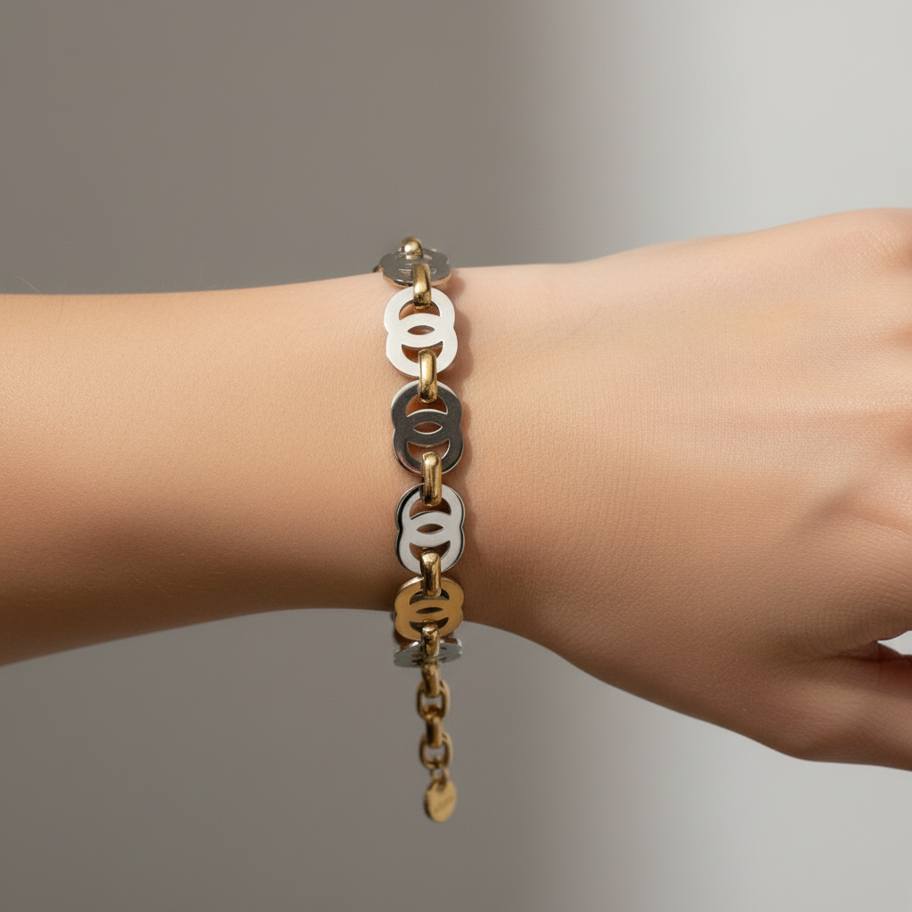 Bicolor bracelet με χρυσά κρικάκια και ασημί interlinked στοιχεία – So Cute by Dimi