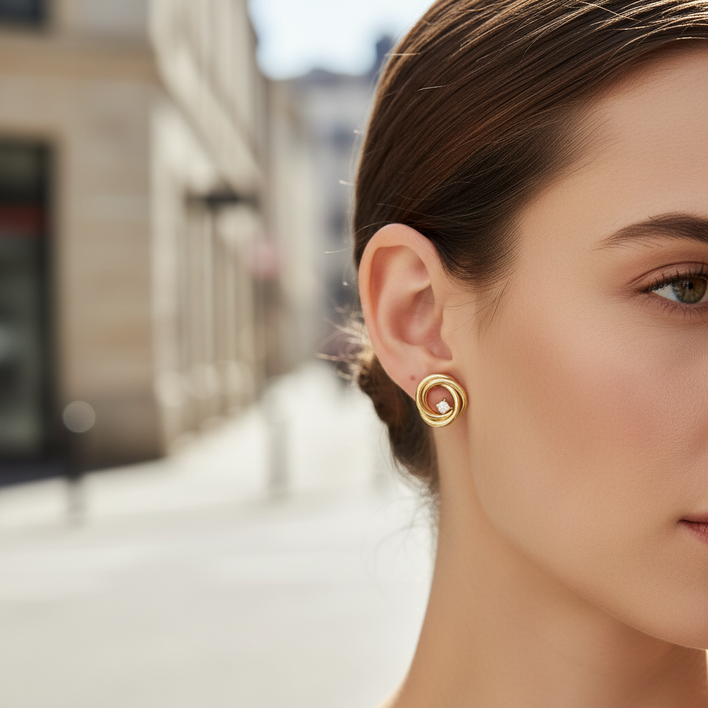Stainless steel twisted stud earrings with central crystal in gold – So Cute by Dimi.