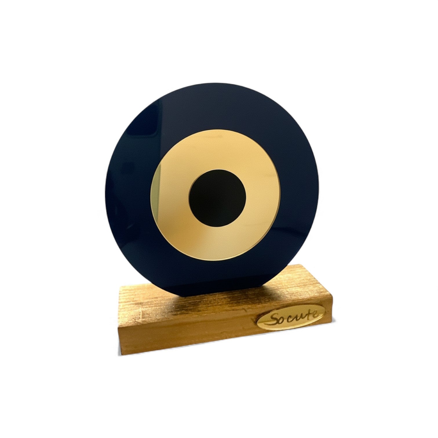 Επιτραπέζιο γούρι μάτι από πλεξιγκλάς σε ναυτικό μπλε με χρυσό καθρέφτη και ξύλινη βάση – So Cute by Dimi