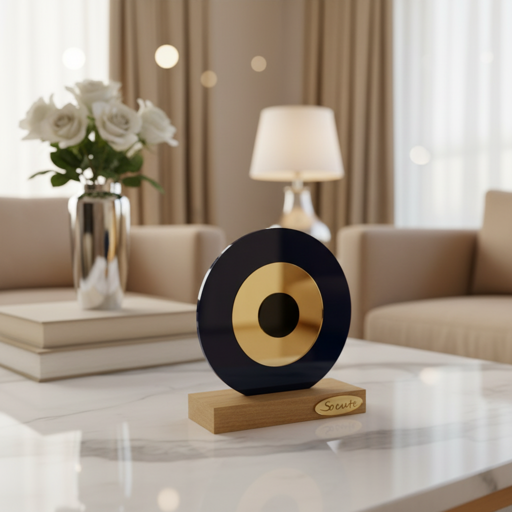 Επιτραπέζιο γούρι μάτι από πλεξιγκλάς σε ναυτικο μπλε με χρυσό καθρέφτη και ξύλινη βάση – So Cute by Dimi