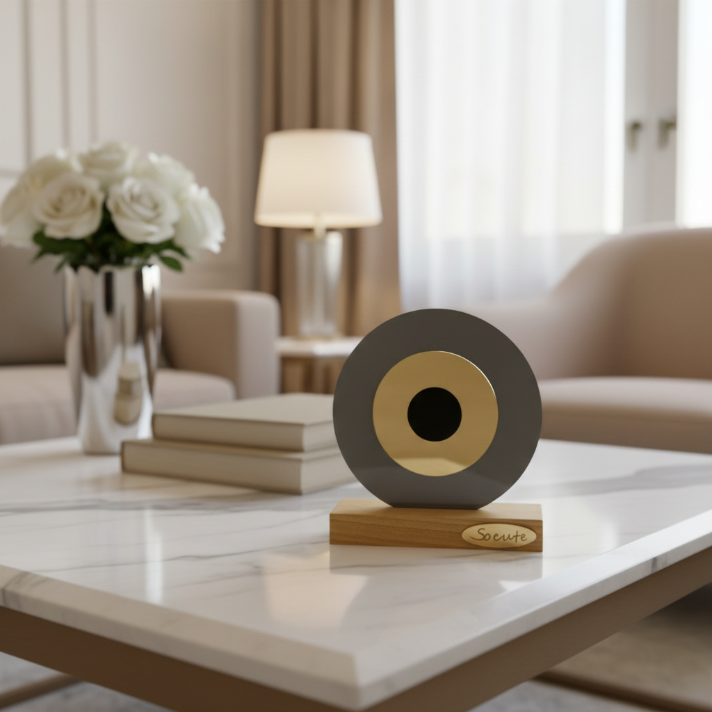 Επιτραπέζιο γούρι μάτι από πλεξιγκλάς σε γκρι με χρυσό καθρέφτη και ξύλινη βάση – So Cute by Dimi