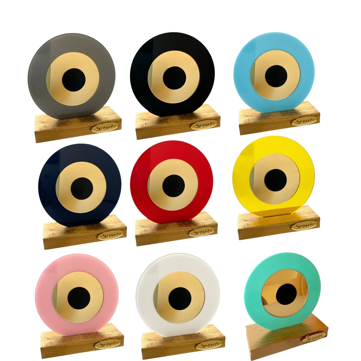 Επιτραπέζιο γούρι μάτι από πλεξιγκλάς σε 9 χρώματα με χρυσό καθρέφτη και ξύλινη βάση – So Cute by Dimi