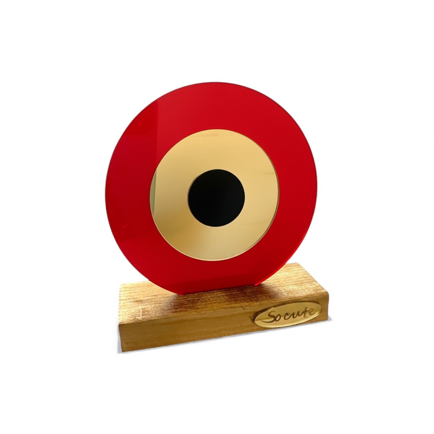 Επιτραπέζιο γούρι μάτι από πλεξιγκλάς σε κόκκινο με χρυσό καθρέφτη και ξύλινη βάση – So Cute by Dimi