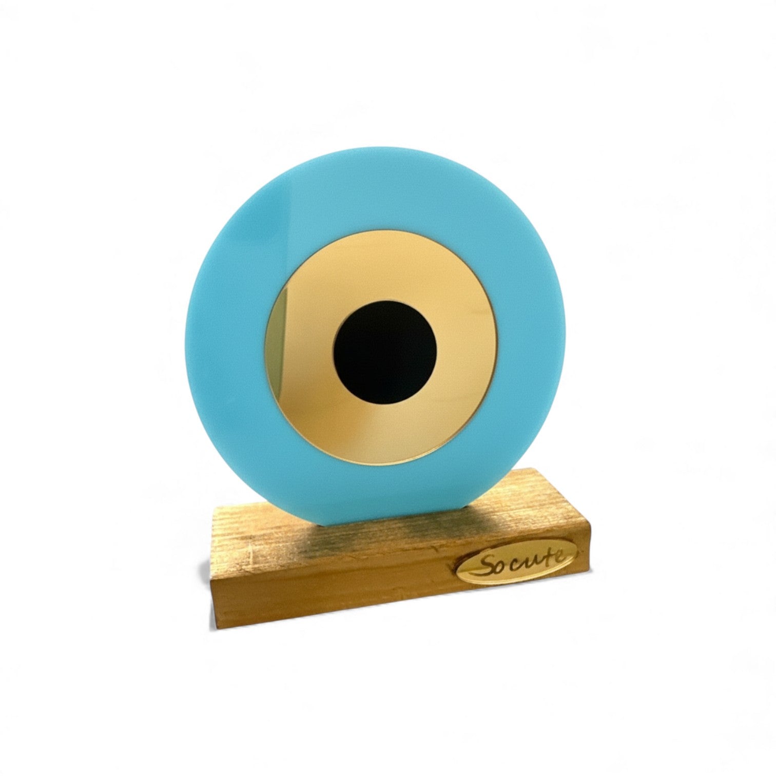 Επιτραπέζιο γούρι μάτι από πλεξιγκλάς σε γαλάζιο με χρυσό καθρέφτη και ξύλινη βάση – So Cute by Dimi
