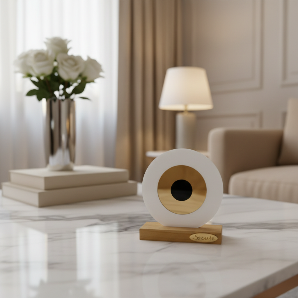Επιτραπέζιο γούρι μάτι από πλεξιγκλάς σε λευκό με χρυσό καθρέφτη και ξύλινη βάση – So Cute by Dimi