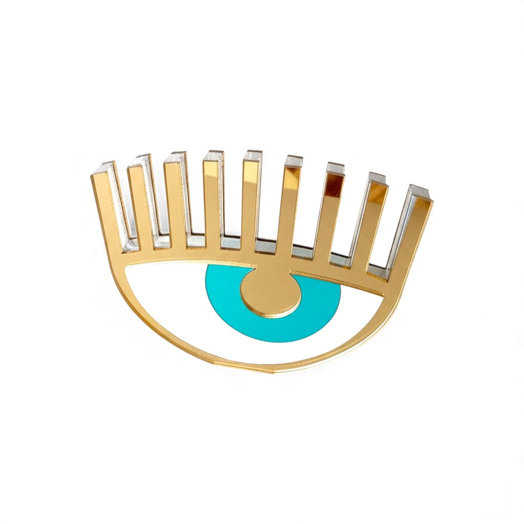 Handmade gold mirror plexiglass evil eye table charm with turquoise center – So Cute by Dimi.