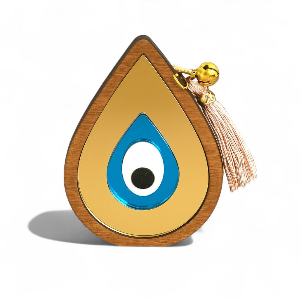 Χειροποίητο γούρι σταγόνα με μάτι από ξύλο και χρυσό καθρέφτη πλεξιγκλάς So Cute by Dimi