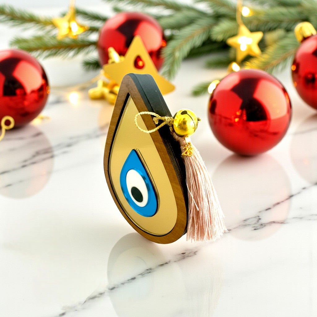 Χειροποίητο γούρι σταγόνα με μάτι από ξύλο και χρυσό καθρέφτη πλεξιγκλάς So Cute by Dimi