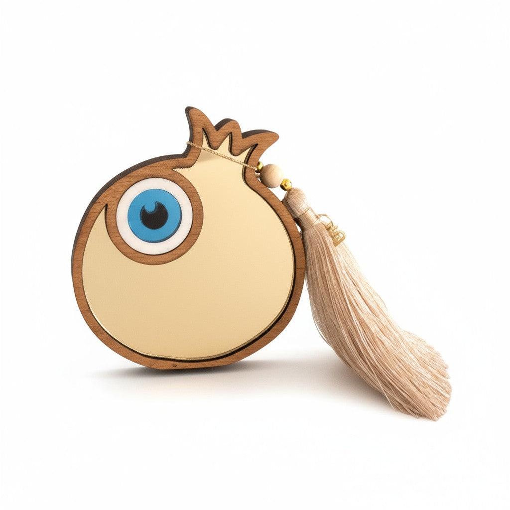 Χειροποίητο γούρι ρόδι από ξύλο και πλεξιγκλάς καθρέφτη με μάτι, χάντρα και φούντα