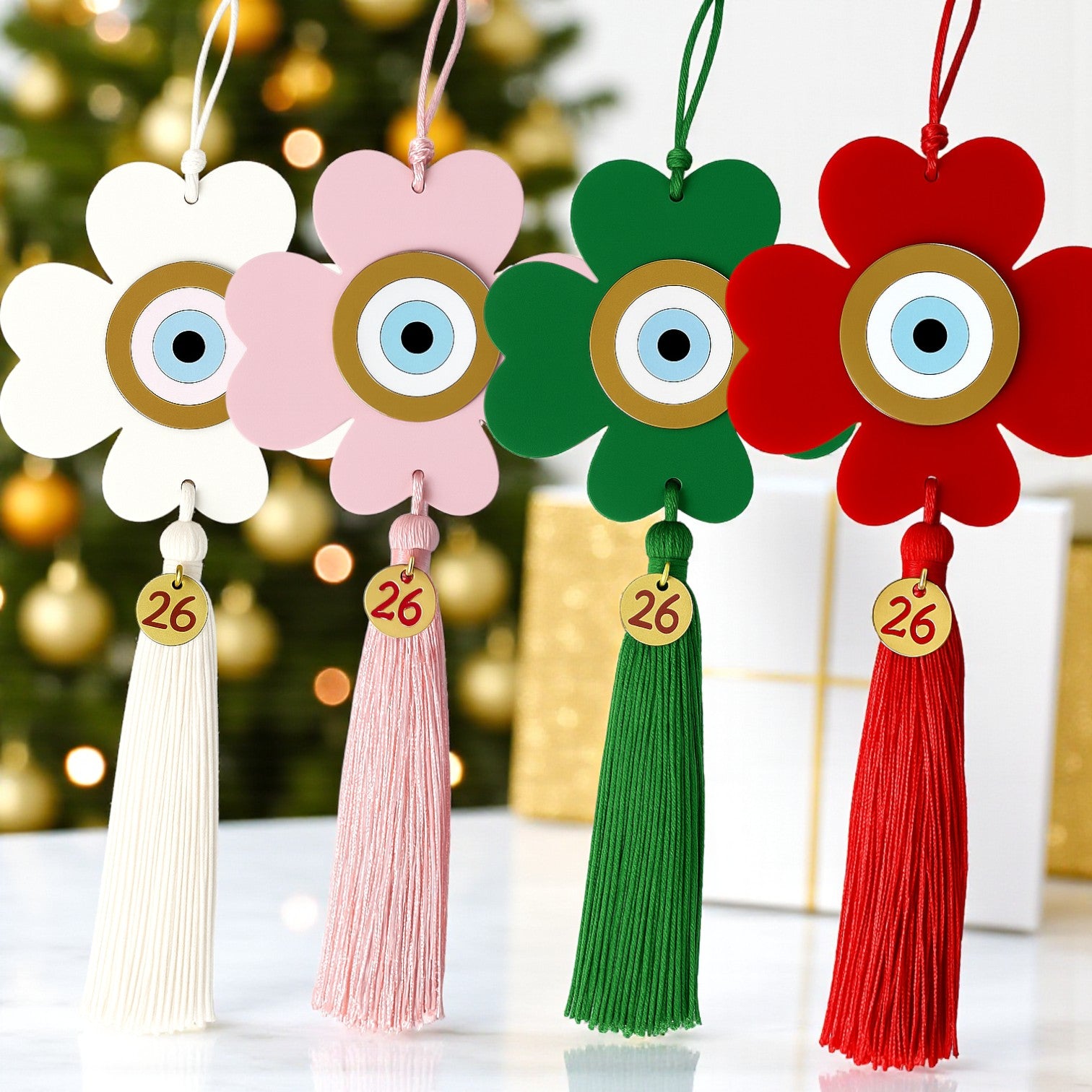 Γούρι 2026 τετράφυλλο plexiglass με μάτι & φούντα – διαθέσιμο σε πολλά χρώματα So Cute by DImi