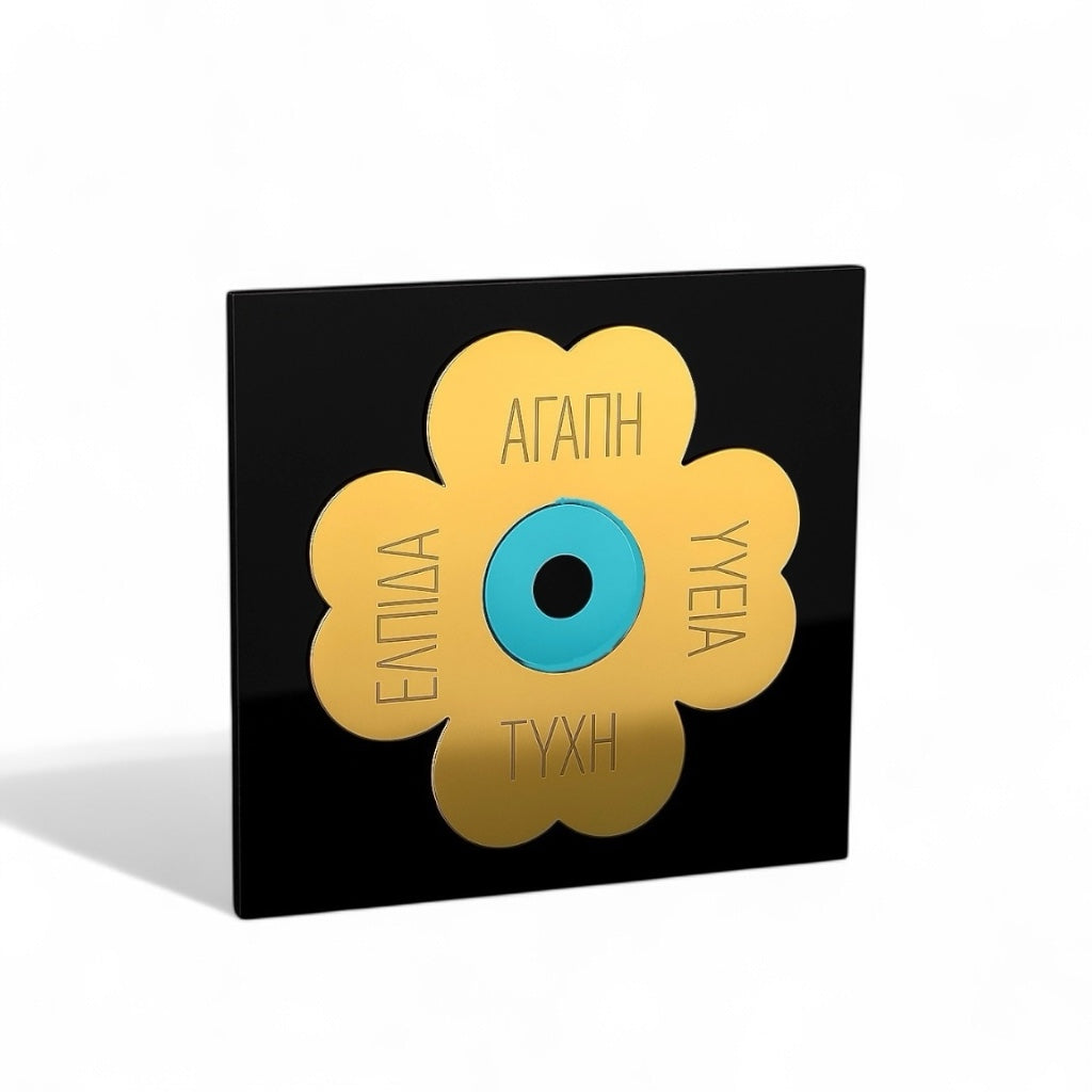 Επιτραπέζιο γούρι τετράγωνο με τριφύλλι και τυρκουάζ μάτι από plexiglass χρυσού καθρέφτη – So Cute by Dimi