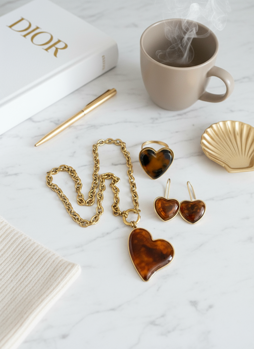 Ατσάλινο κολιέ So Cute by Dimi με χρυσή αλυσίδα και καφέ tortoise καρδιά, ασορτί δαχτυλίδι και σκουλαρίκια