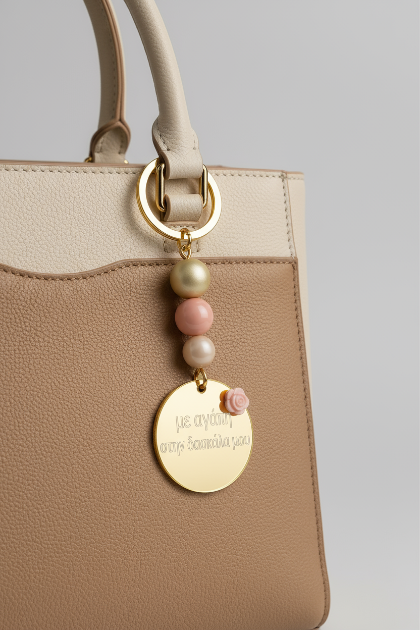 Premium μπρελόκ “Με αγάπη στη δασκάλα μου” από plexiglass mirror χρυσό με ροζ λεπτομέρειες – So Cute by Dimi